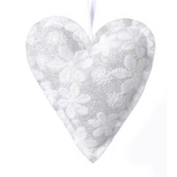 Χριστουγεννιάτικη Κρεμαστή Υφασμάτινη Καρδιά, Γκρι - Λευκή με Λουλούδια (12cm)